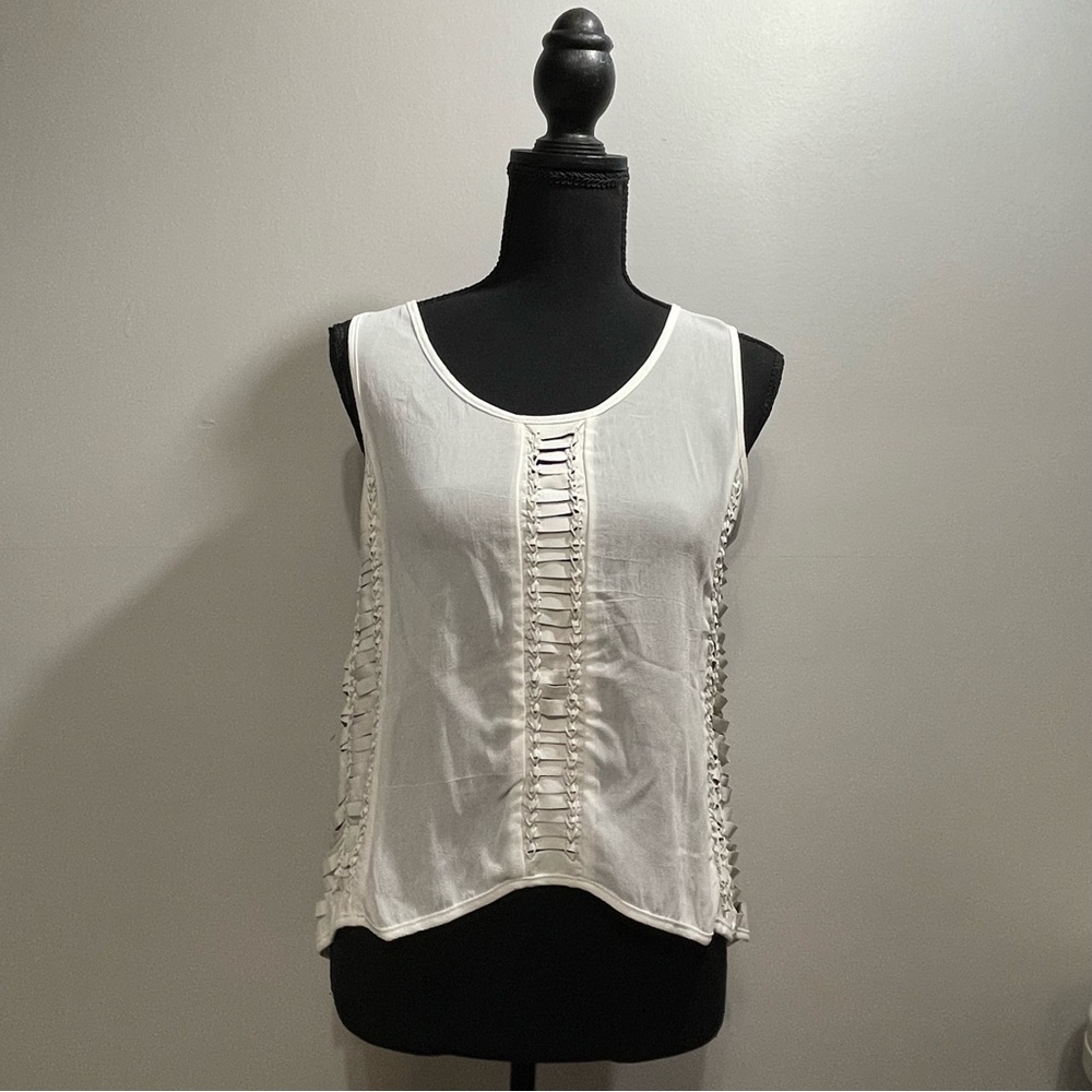Cleobella 100% Viscose White Tank Top w/Sheep Leather Detailing Womens Size XS